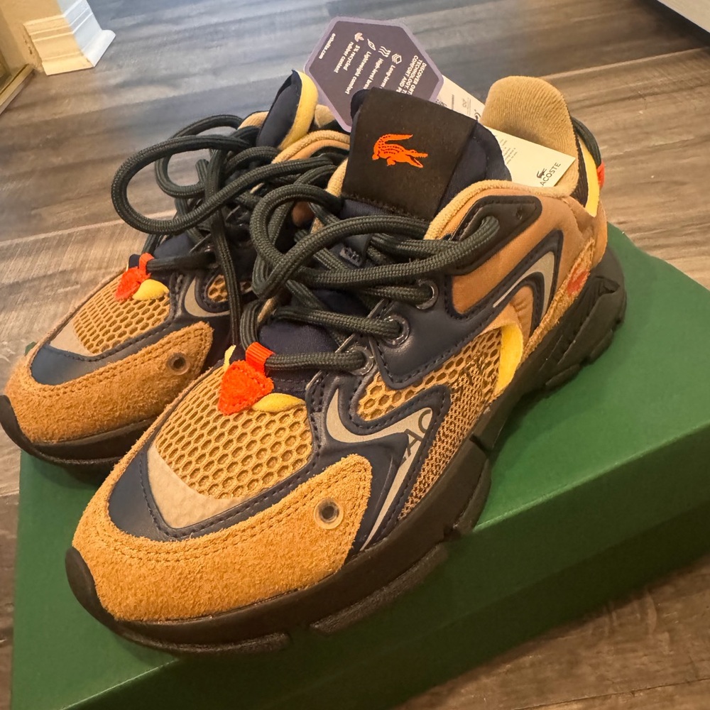 Lacoste Tan and Navy Sneakers with Orange Accents